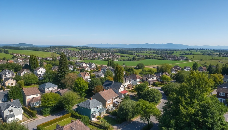 Aerial view of affordable suburb in Virginia with homes and hills.