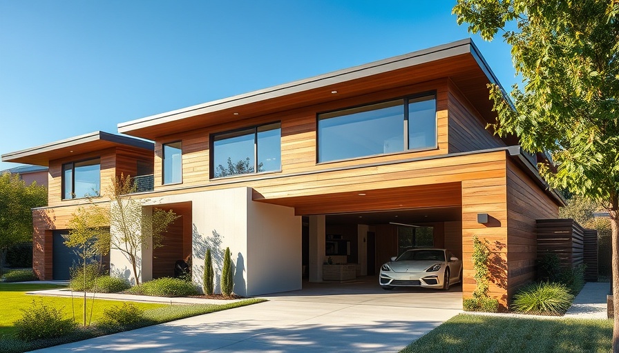 Modern house with converted garage design blending wood and concrete.