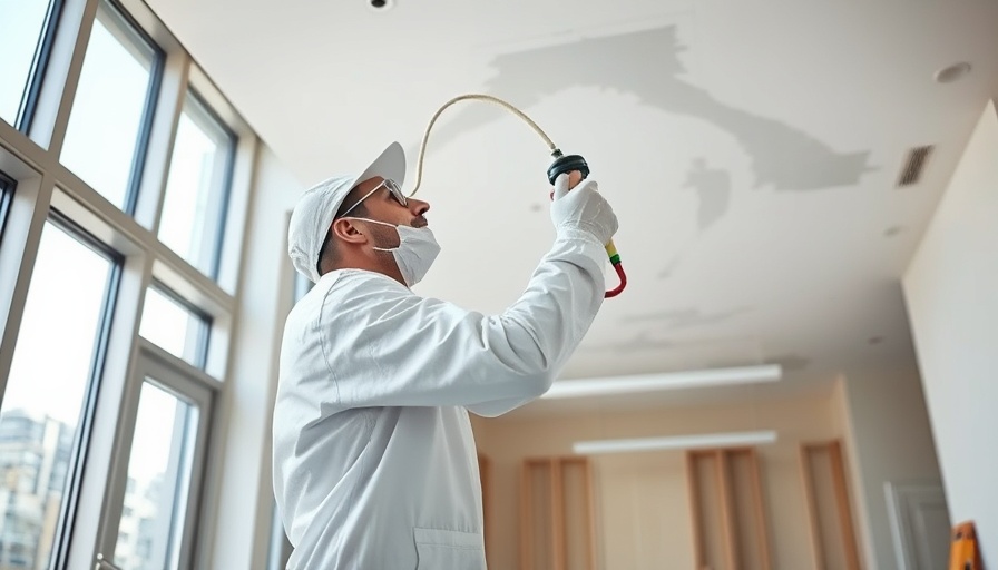 Professional removing popcorn ceilings with a spray in a bright room.
