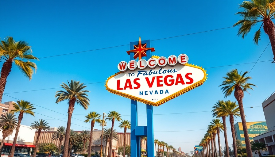 Las Vegas welcome sign amidst palm trees, clear sky, vibrant scene.