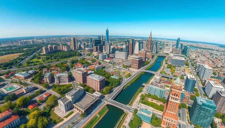 Aerial view of an affordable city in Michigan with greenery and skyline.