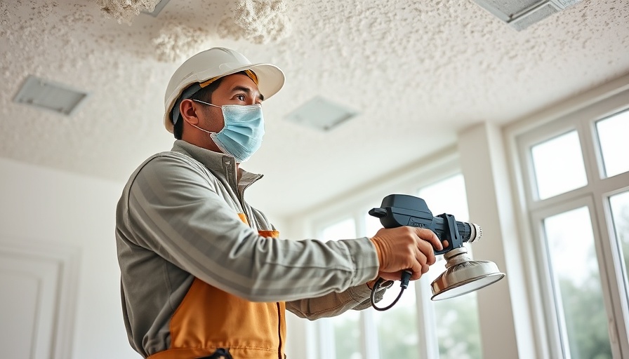 Professional removing popcorn ceiling with spray equipment indoors.