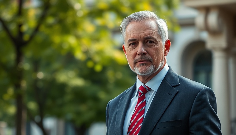Serious man in suit and red tie standing outdoors with greenery.
