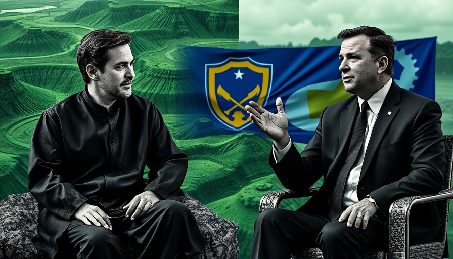 Ukraine mining scene with emblem and two men in discussion, Ukraine mineral resources