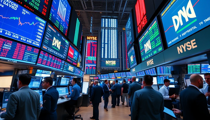 Traders analyzing data in a busy stock market with vibrant screens.