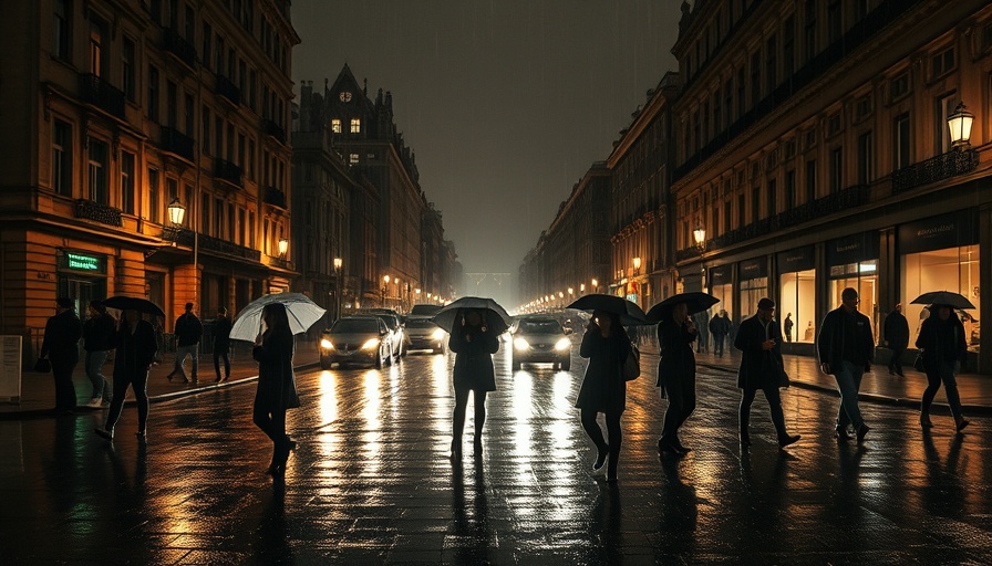 Nighttime street scene in Mexico with people walking in rain