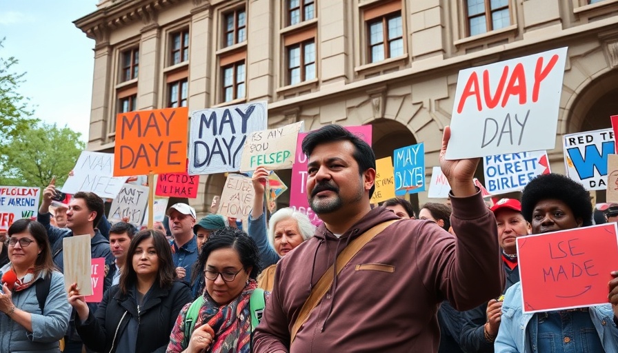 May Day rally with signs impacting investment strategies.