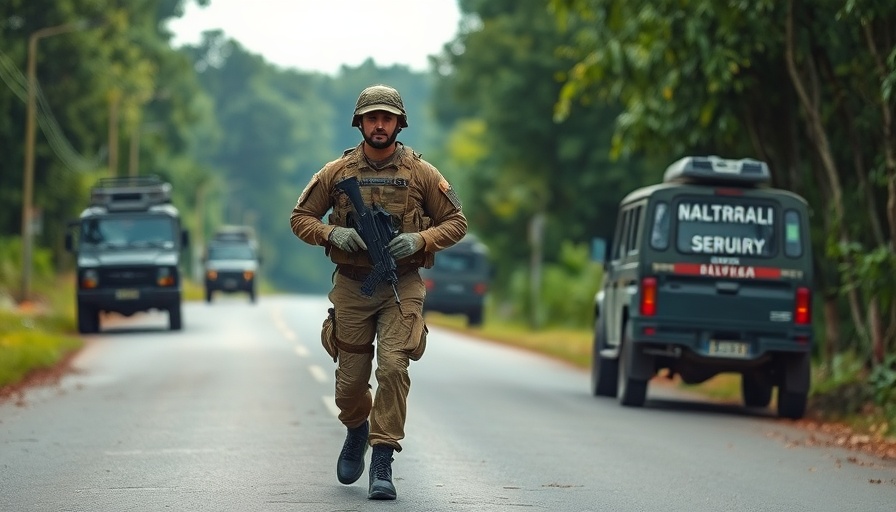 Soldier patrolling rural road with security vehicles in Kashmir