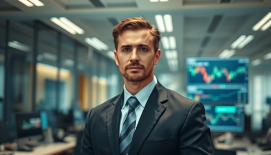 Professional in office with computers and charts, financial focus.