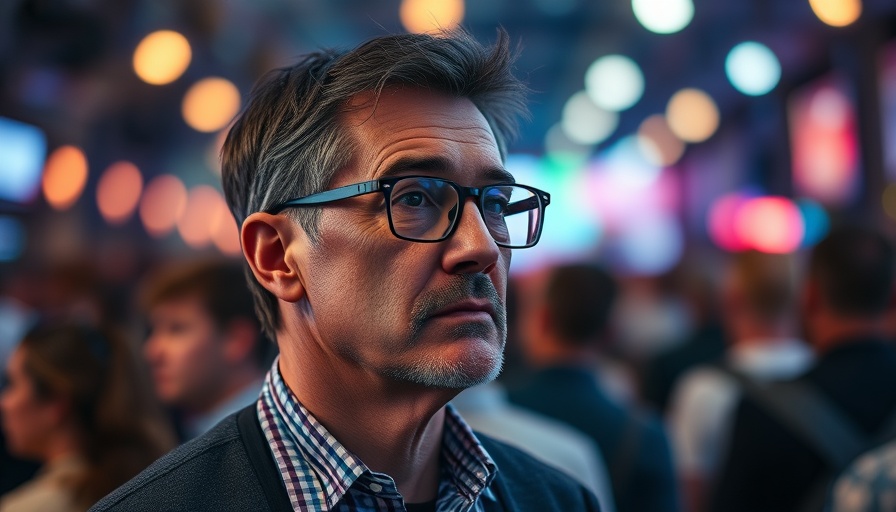 Thoughtful male in event with colorful background highlights Trump's tariffs impact on Apple.