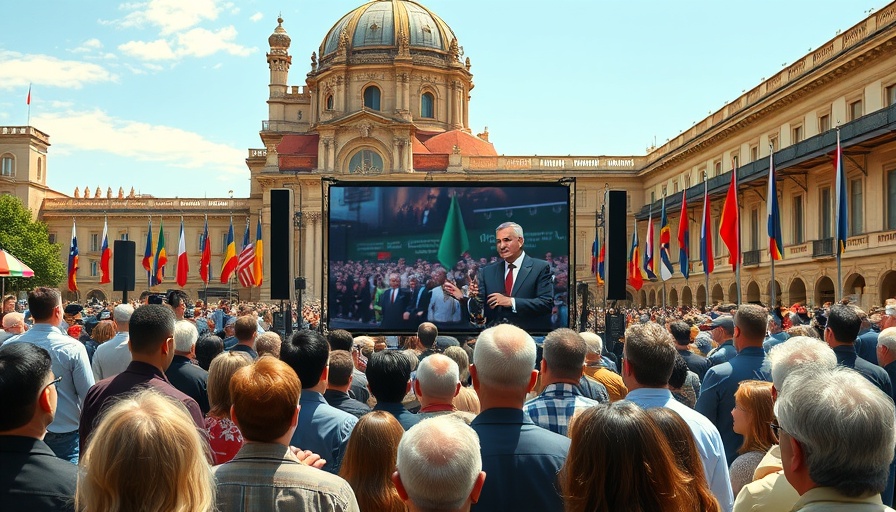 Crowd at military parade event with large screen display.