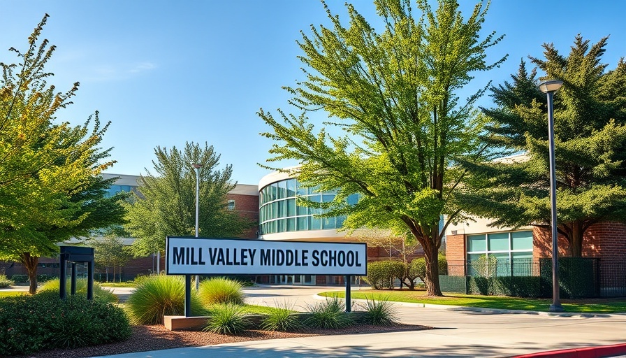 Mill Valley Middle School entrance with sign and greenery.