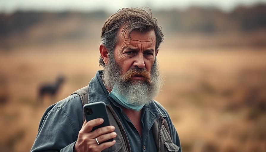 Middle-aged man concerned on phone in open field, candid moment.