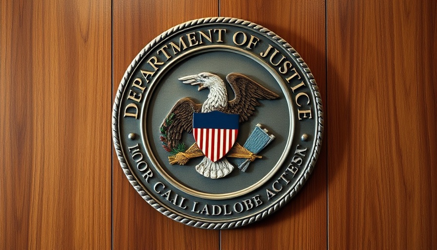 Justice Department seal on wood panel.