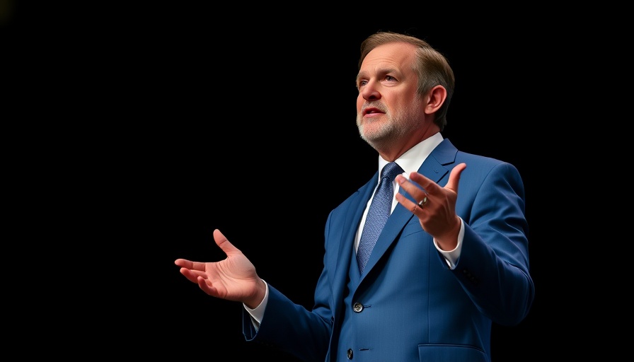Man in blue suit speaking on stage about latest technology news.