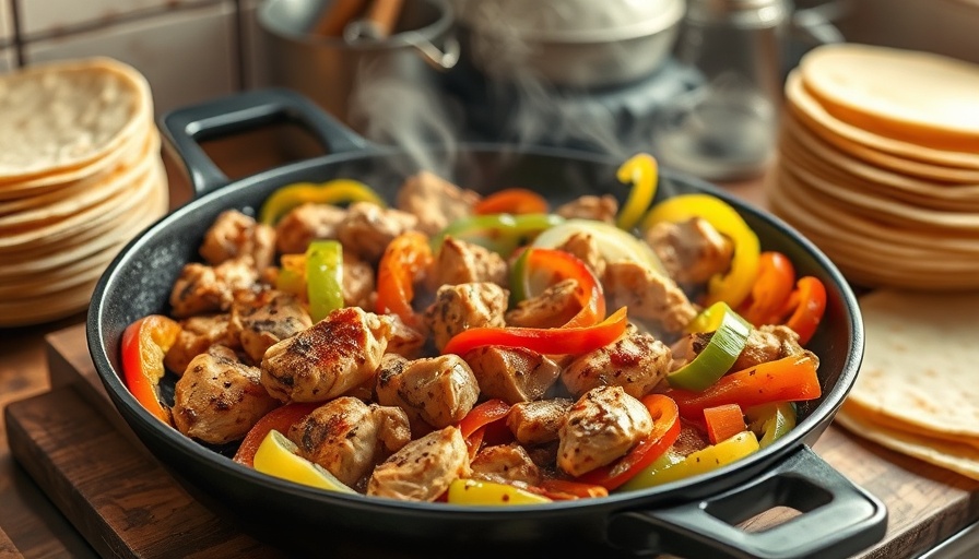 Easy chicken fajitas with colorful peppers and tortillas on tray.