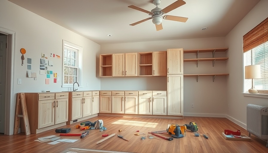 Home renovation journey with plywood cabinets and tools.