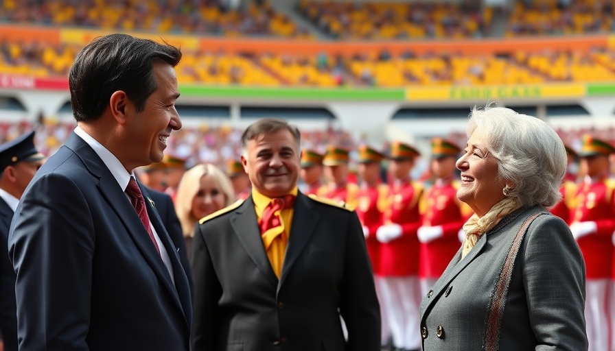 Friendly interaction at international event with dignitaries laughing.