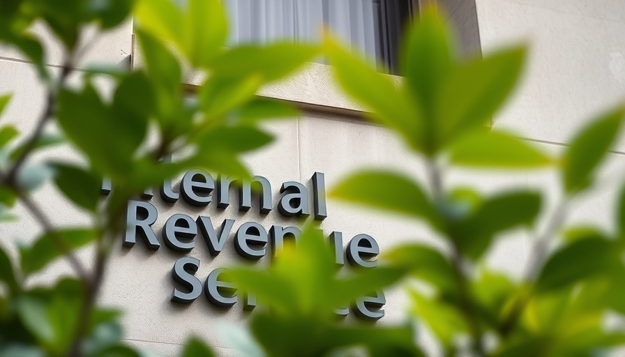 Internal Revenue Service sign partially obscured by leaves.