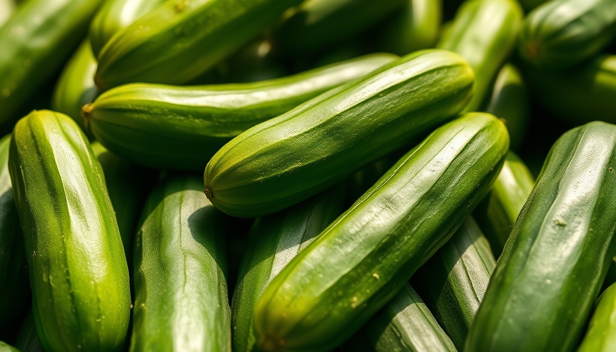 Fresh cucumbers piled up, showing natural texture and vibrant color.