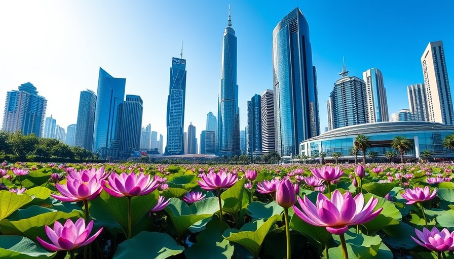 Lush lotus pond with skyscrapers, climate action focus