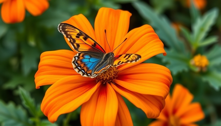 Close-up of French marigold and butterfly, vibrant colors and details