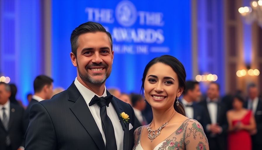 Elegant couple at award event, smiling confidently.