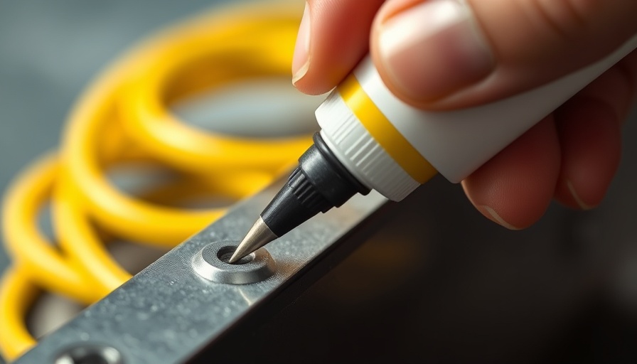 Close-up of precise adhesive application on metal in home improvement.