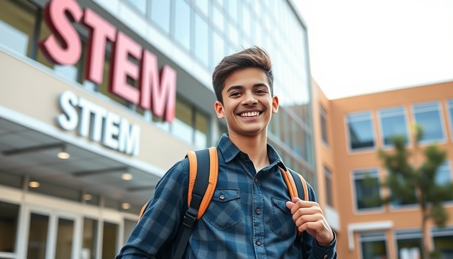 Local news: student outside STEM building smiling brightly