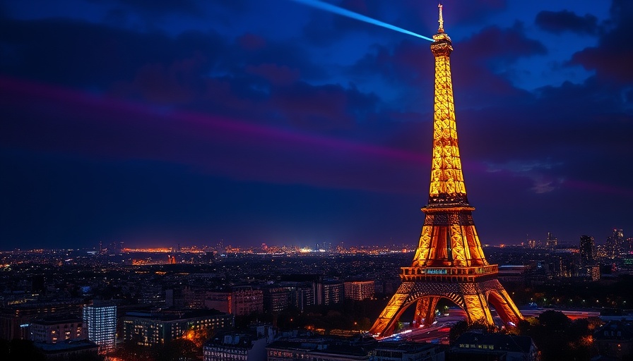 Disneyland Eiffel Tower Update at night with vibrant lights.