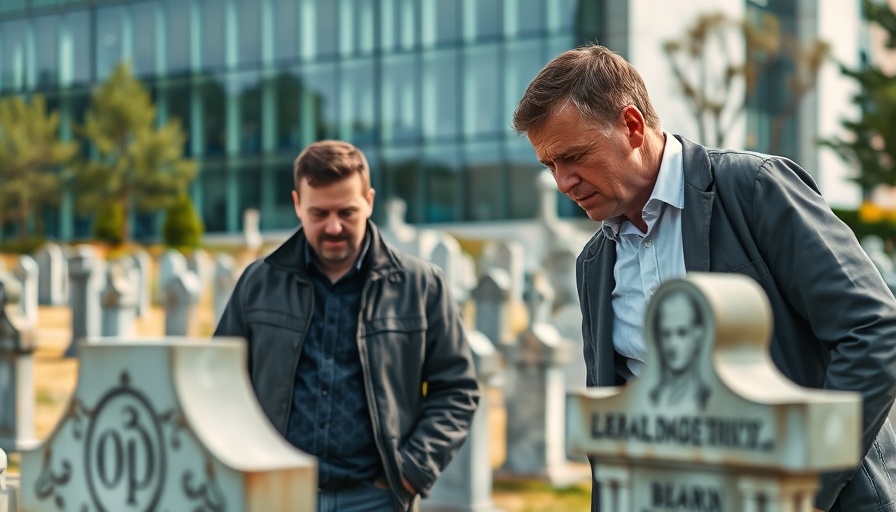 David Cronenberg The Shrouds review: scene with men in cemetery near modern building.