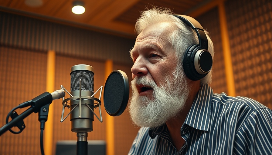 Elderly man at a microphone in a studio, senior living communities.