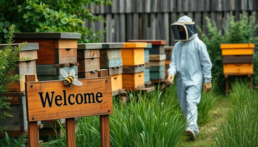 Beekeeper and bee-themed sign offering stress relief techniques.
