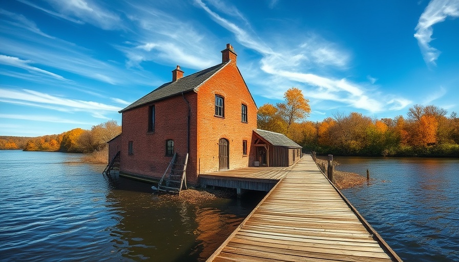 Rustic building by the river in Illinois with a wooden dock.