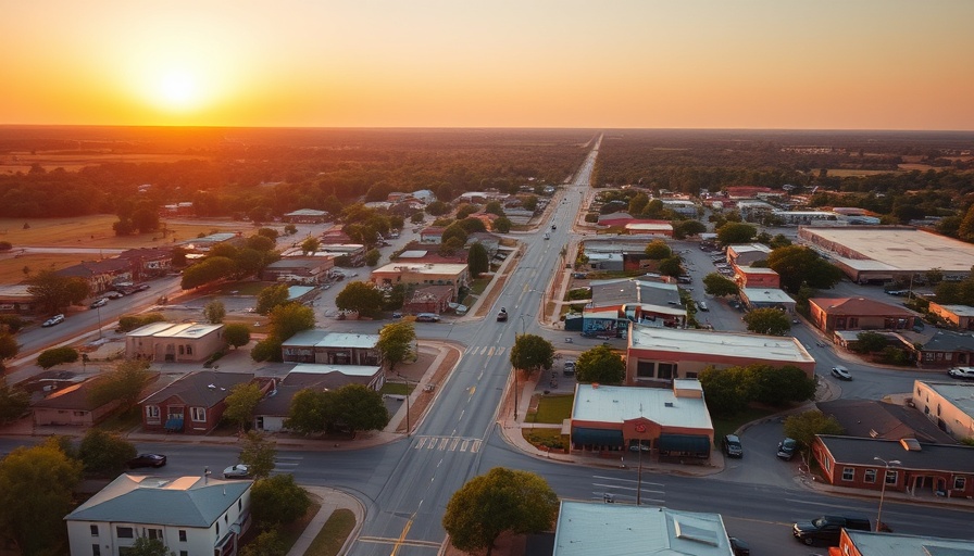 Aerial view of an affordable Texas town at sunset.