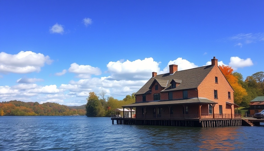 Charming brick building by a lake in Illinois, highlighting affordable living.