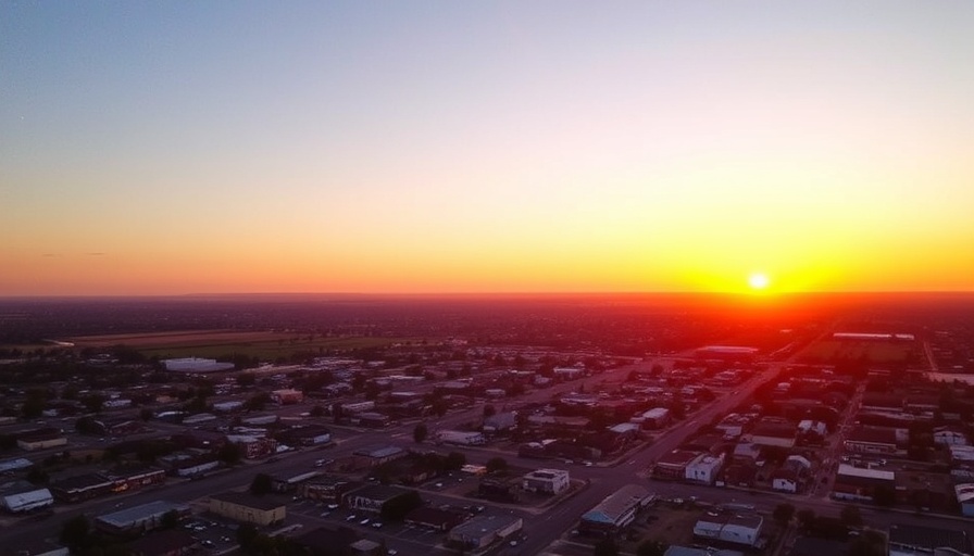 Aerial view of affordable Texas town at sunset.