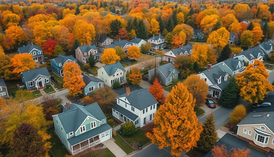 Charming houses in a New Hampshire neighborhood with autumn trees.