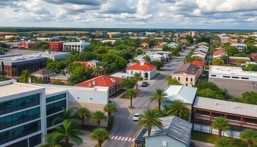 Aerial view of an affordable Florida town with diverse architecture.