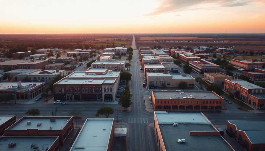 Aerial view of an affordable Texas town at sunset with flat roofs.