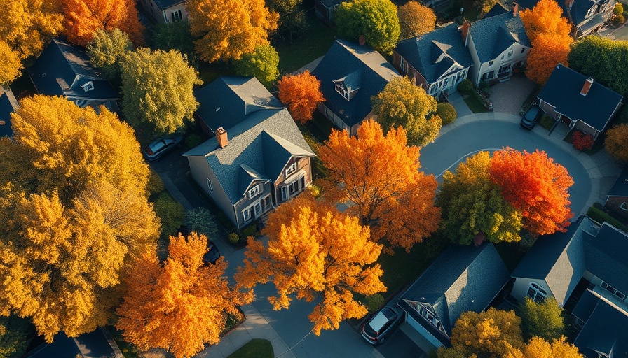 Aerial view of affordable neighborhood in New Hampshire with autumn foliage.