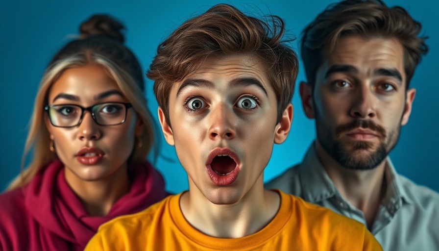 Dynamic image of three individuals, central figure with surprised expression.