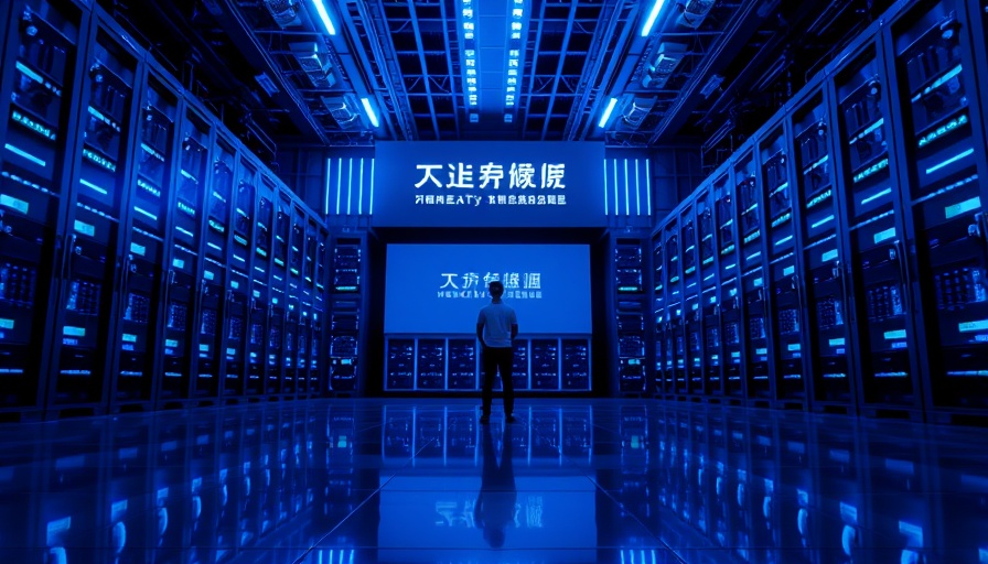 Futuristic data center with blue lighting and a person on stage.