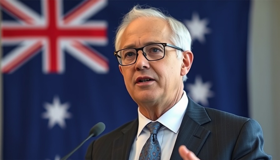 Confident older man speaking with Australian flag background.