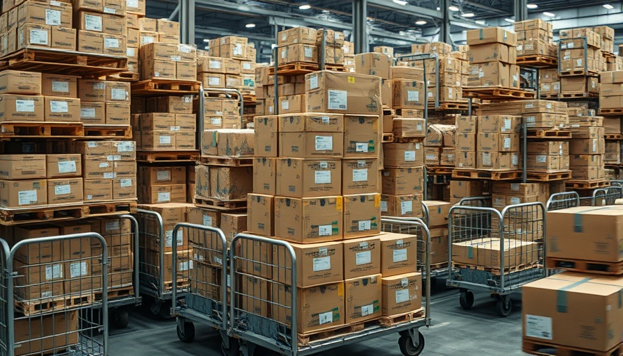 Warehouse filled with stacked packages, logistic setting.