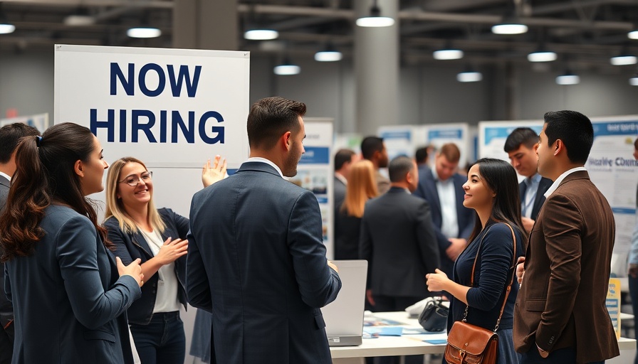 Diverse group at job fair with 'Now Hiring' sign, discussing opportunities.