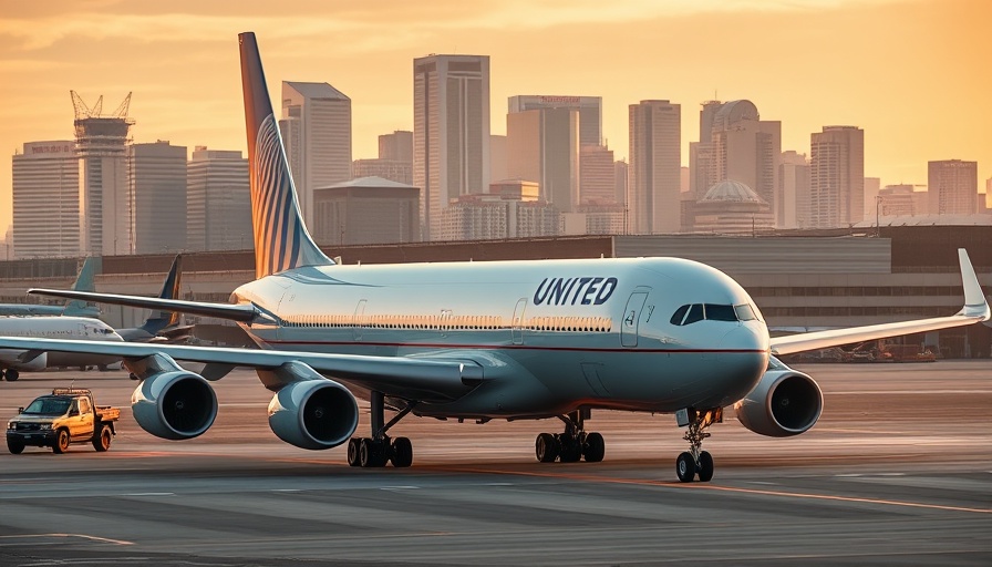 United Airlines plane at Newark with city skyline backdrop.