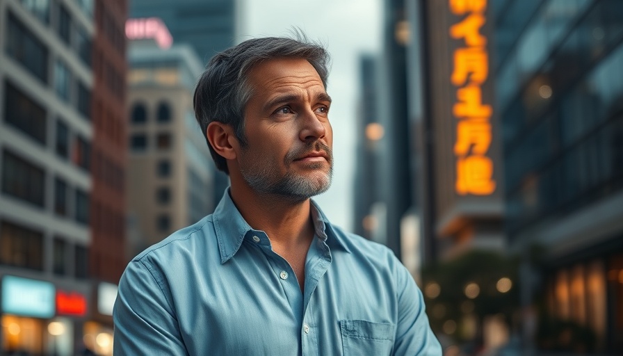 Falcon mode leadership concept with confident man and cityscape.