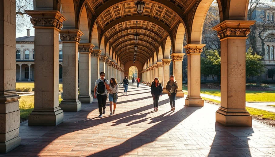 Students walking in a sunlit university corridor with archways and shadows.