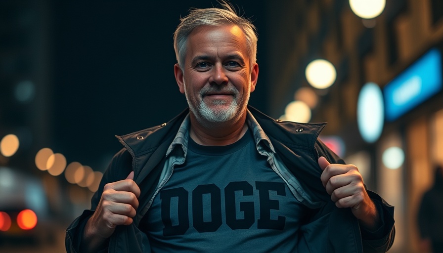Man with DOGE shirt revealing pose at night; DOGE access to Social Security systems.